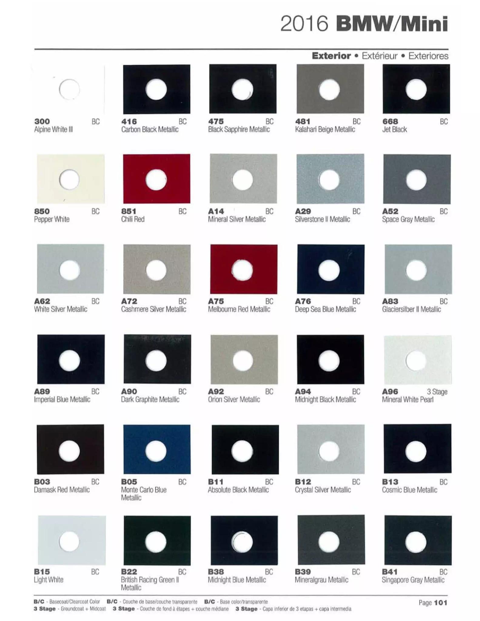 paint colors, and their ordering codes for 2016 Bmw and Mini cooper vehicles