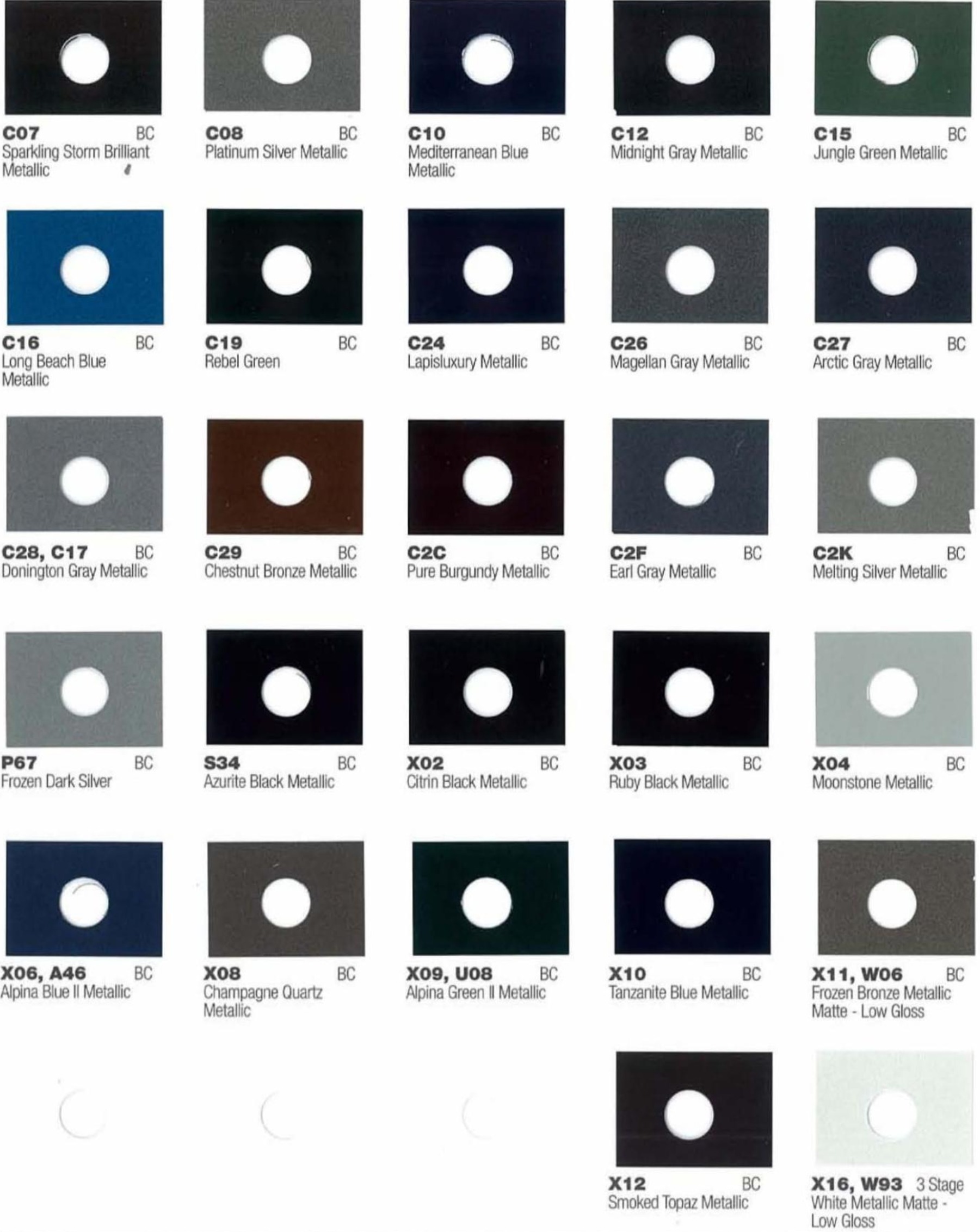 exterior paint colors and their ordering codes for the BMW and mini models