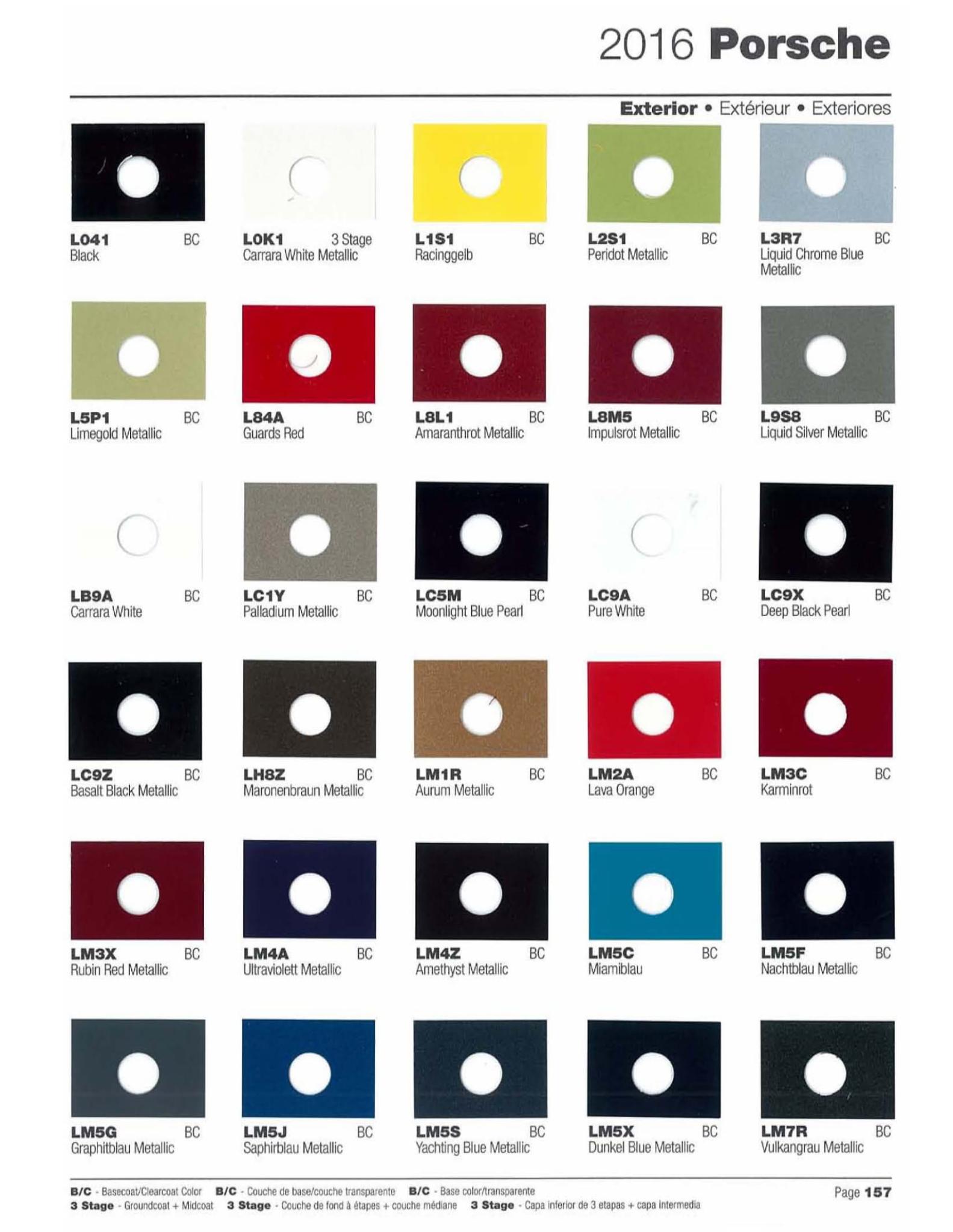 Color Codes for Porshe Vehicles used in 2016 Porsche Exterior Paint Codes and Color Chart