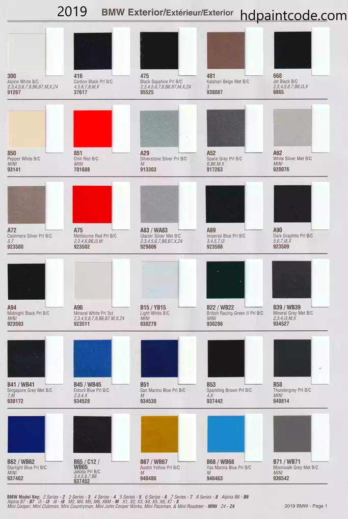 exterior paint colors and their ordering codes for the BMW and mini models