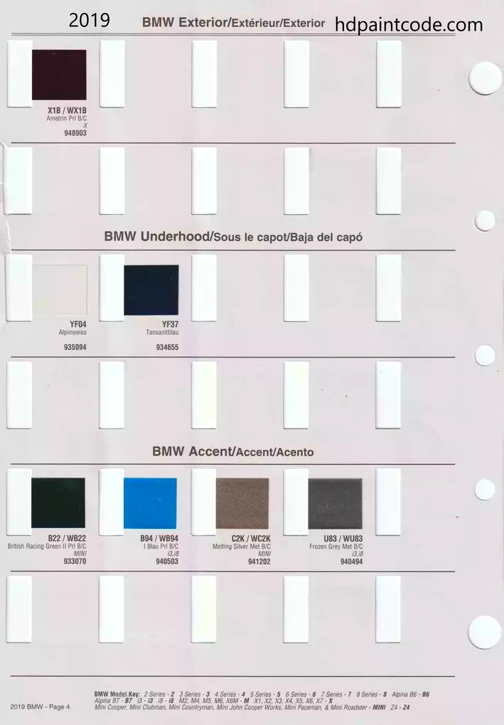 exterior paint colors and their ordering codes for the BMW and mini models