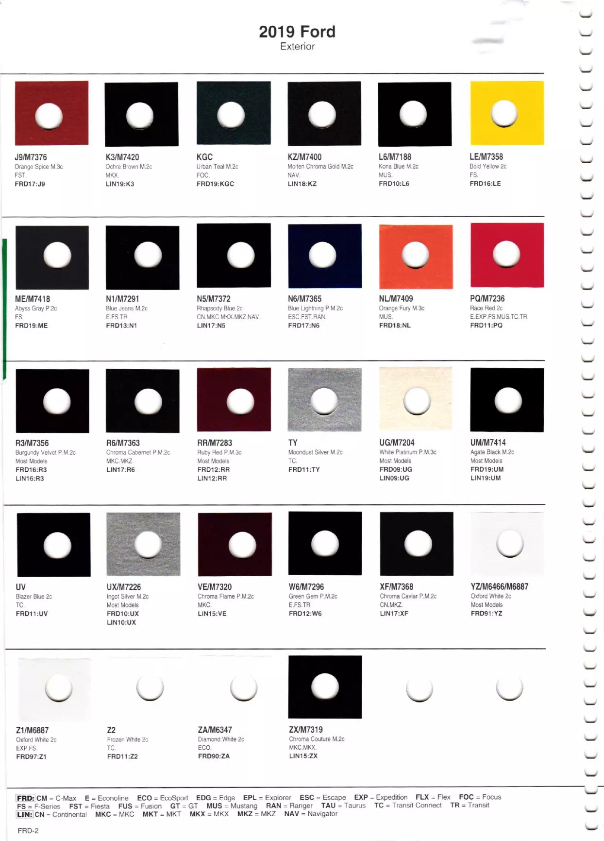 2019 Ford & Lincoln Paint Codes & Color Chart Page 2 Paint Chips and Paint code examples for Ford Motor company of Interior, Exterior, Wheel, Accent, Underhood & Striping colors used by Ford & Lincoln vehicles.