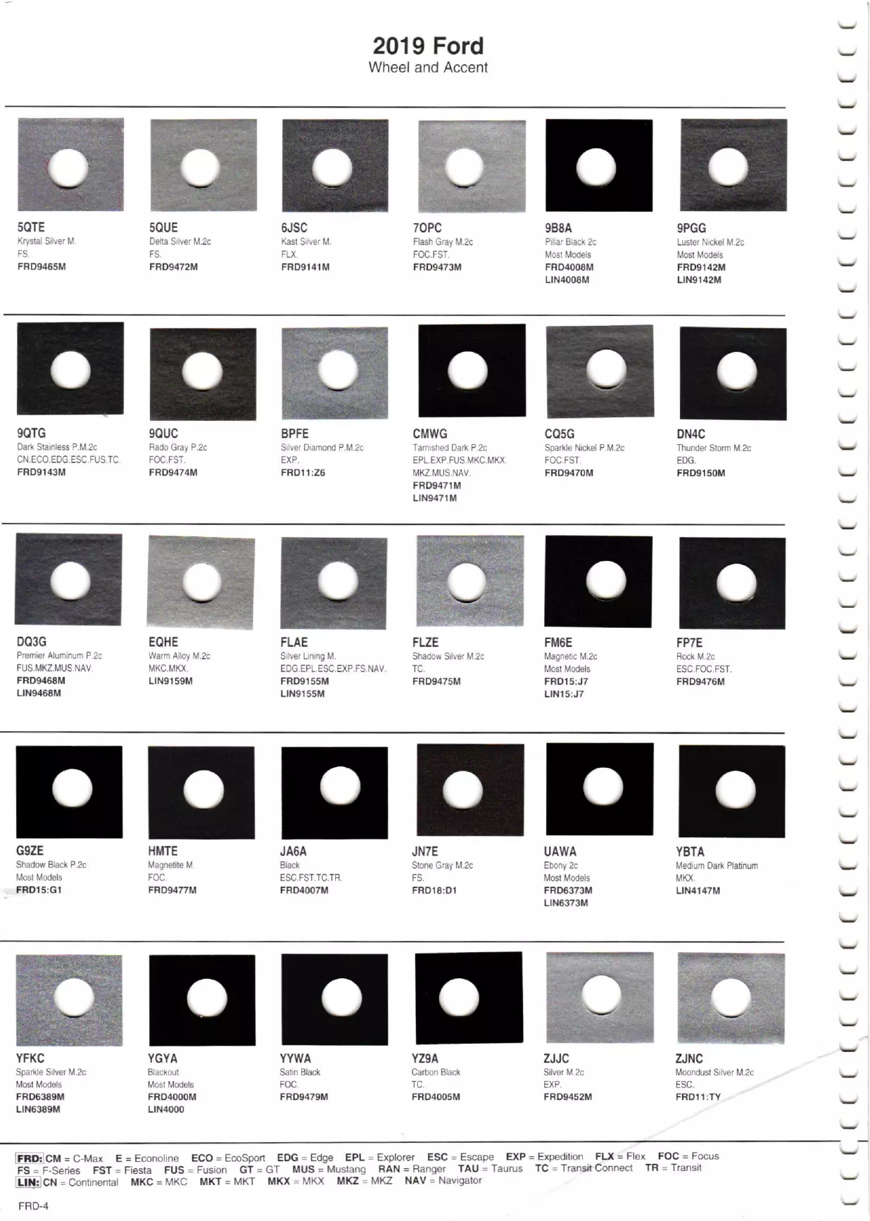 2019 Ford & Lincoln Paint Codes & Color Chart Page 4 Paint Chips and Paint code examples for Ford Motor company of Interior, Exterior, Wheel, Accent, Underhood & Striping colors used by Ford & Lincoln vehicles.
