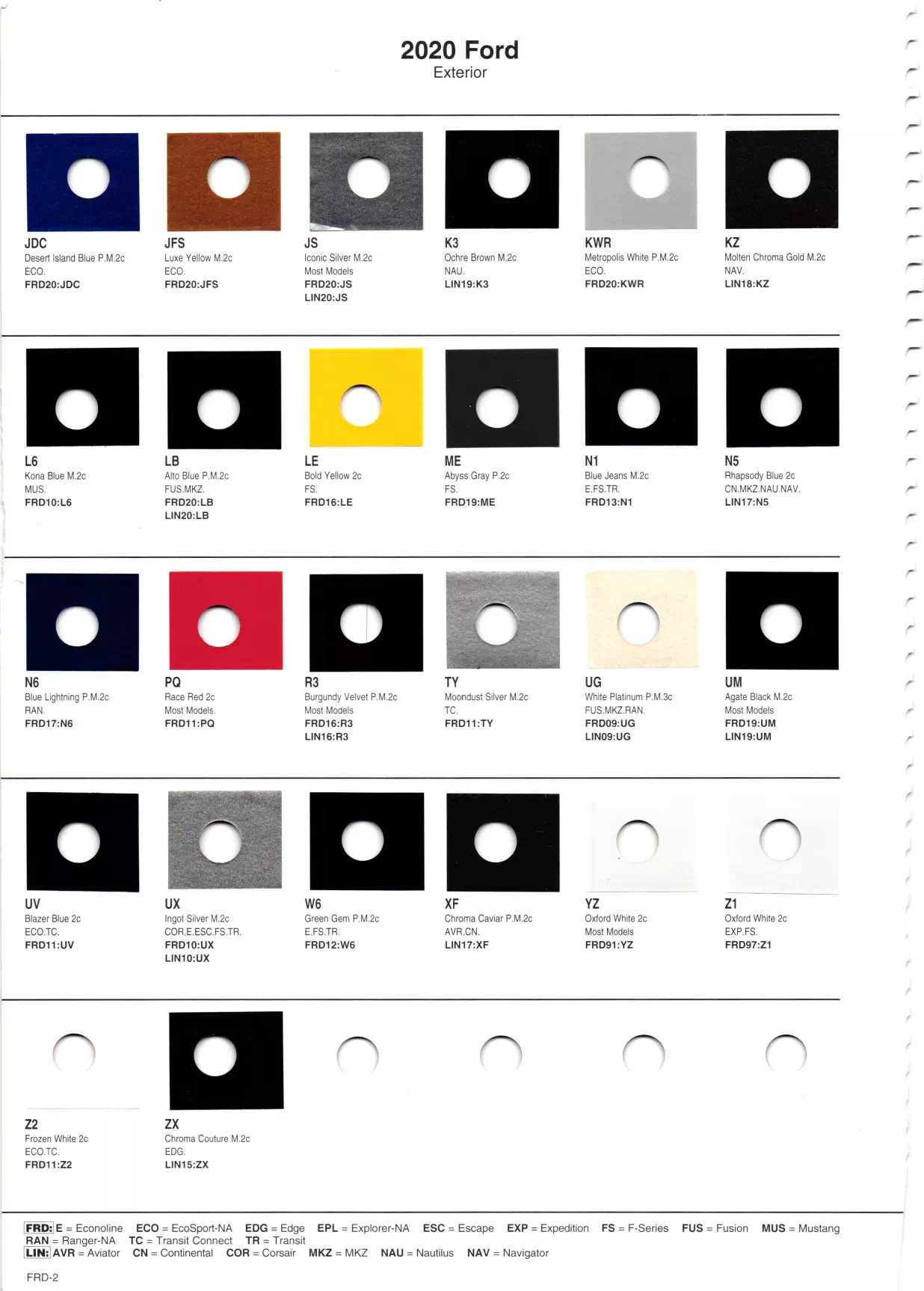 2020 Ford & Lincoln Paint Codes & Color Chart Page 2 Paint Chips and Paint code examples for Ford Motor company of Interior, Exterior, Wheel, Accent, Underhood & Striping colors used by Ford & Lincoln vehicles.