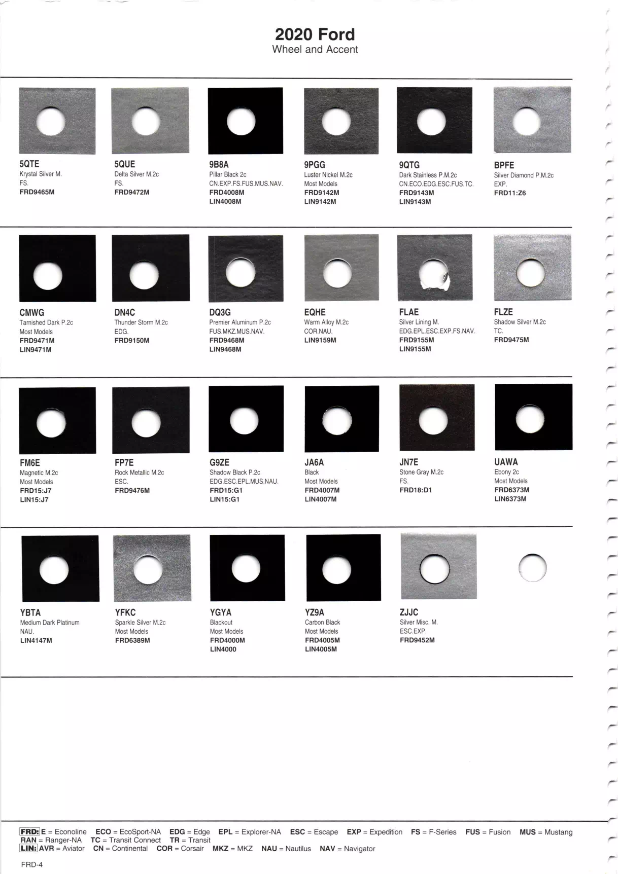2020 Ford & Lincoln Paint Codes & Color Chart Page 4 Paint Chips and Paint code examples for Ford Motor company of Interior, Exterior, Wheel, Accent, Underhood & Striping colors used by Ford & Lincoln vehicles.