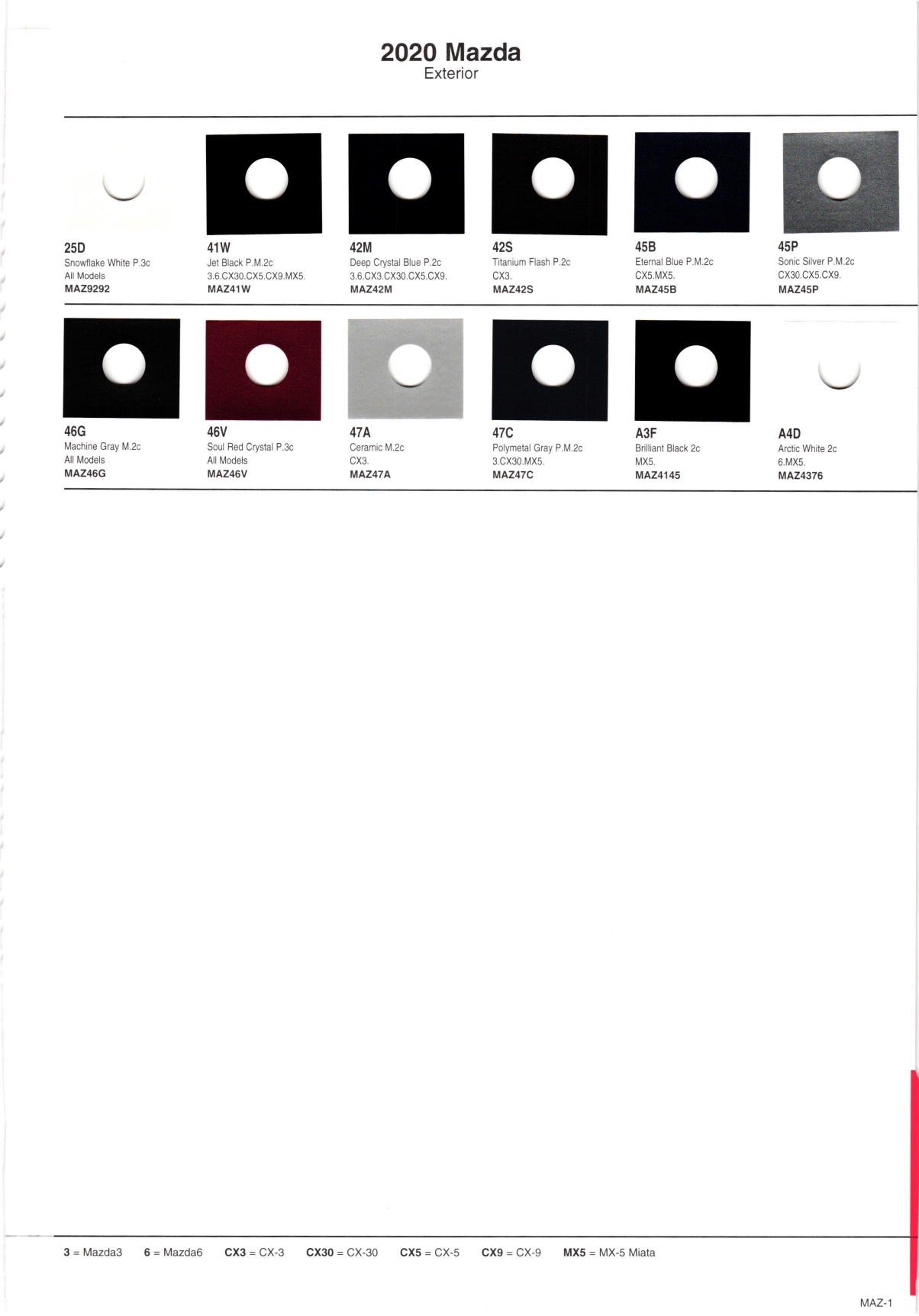 2020 Mazda Paint Codes & Color Chart oem paint codes color swatches, color names, akzo mixing stock numbers, and vehicles they go to for 2020 Mazda automobiles.