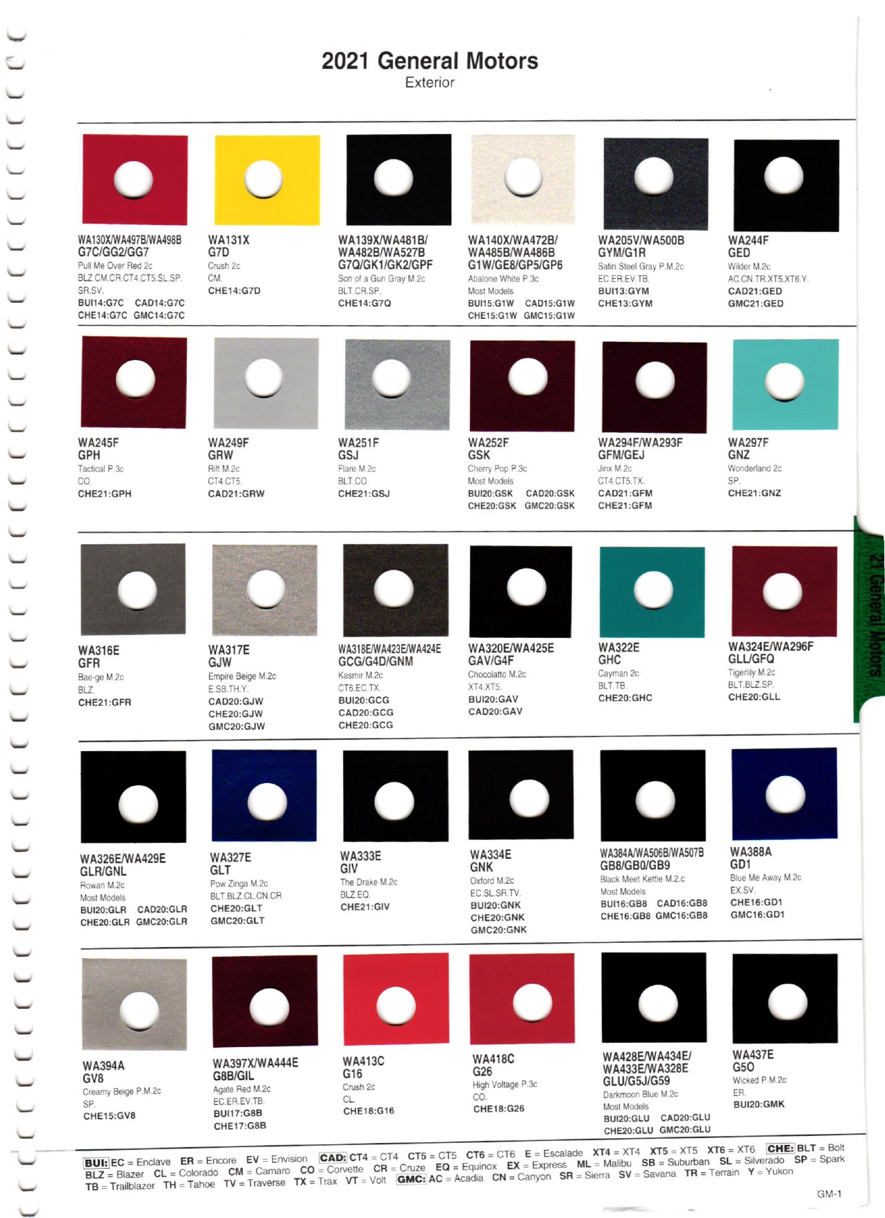 2021 All GM Paint Charts Page 1 Paint Colors for Chevrolet, Buick, Cadillac, and GMC paint codes