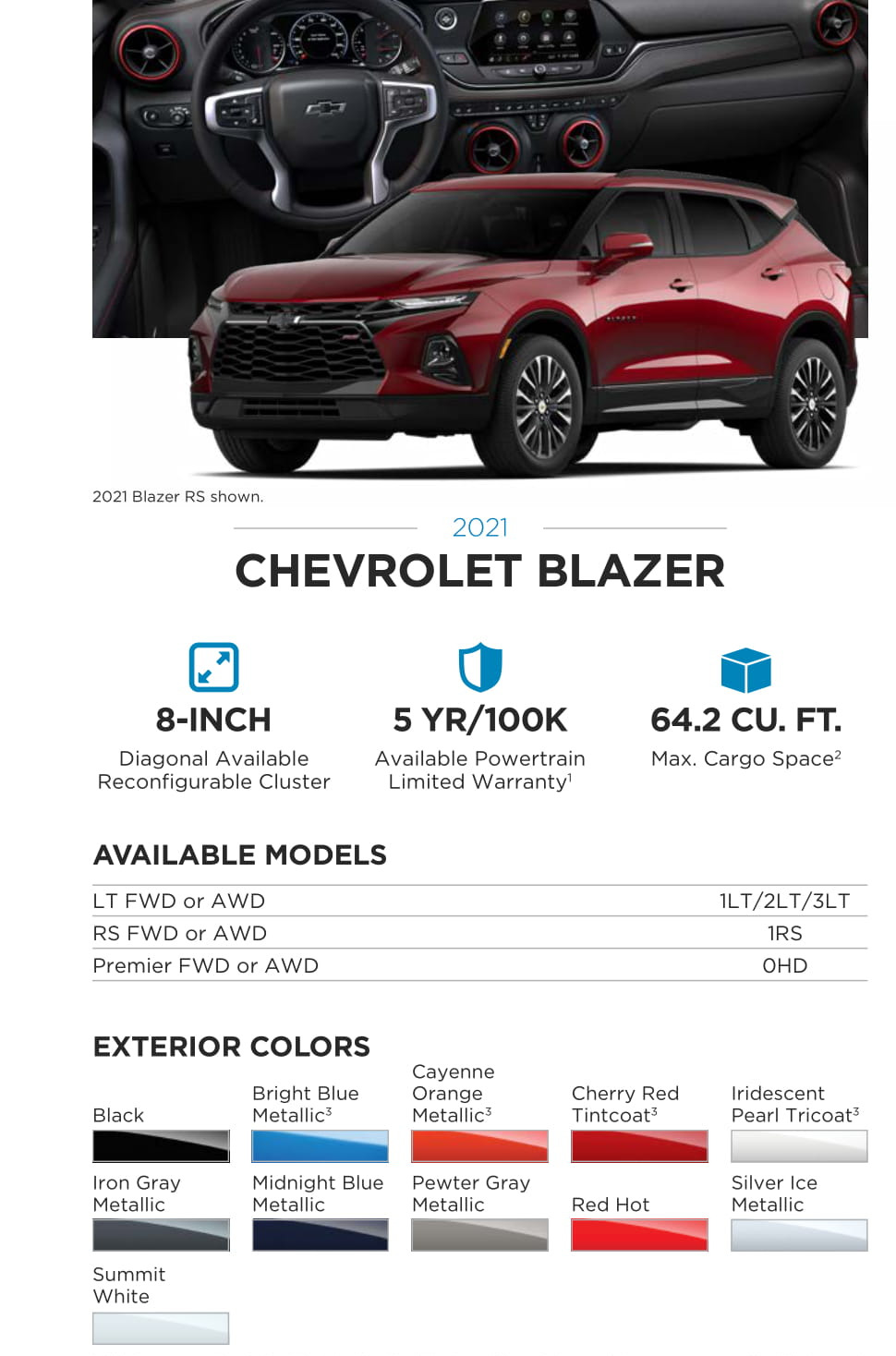 2021 Chevy Blazer Paint Chart Models and Paint Colors used for this Chevy Vehicle in 2021