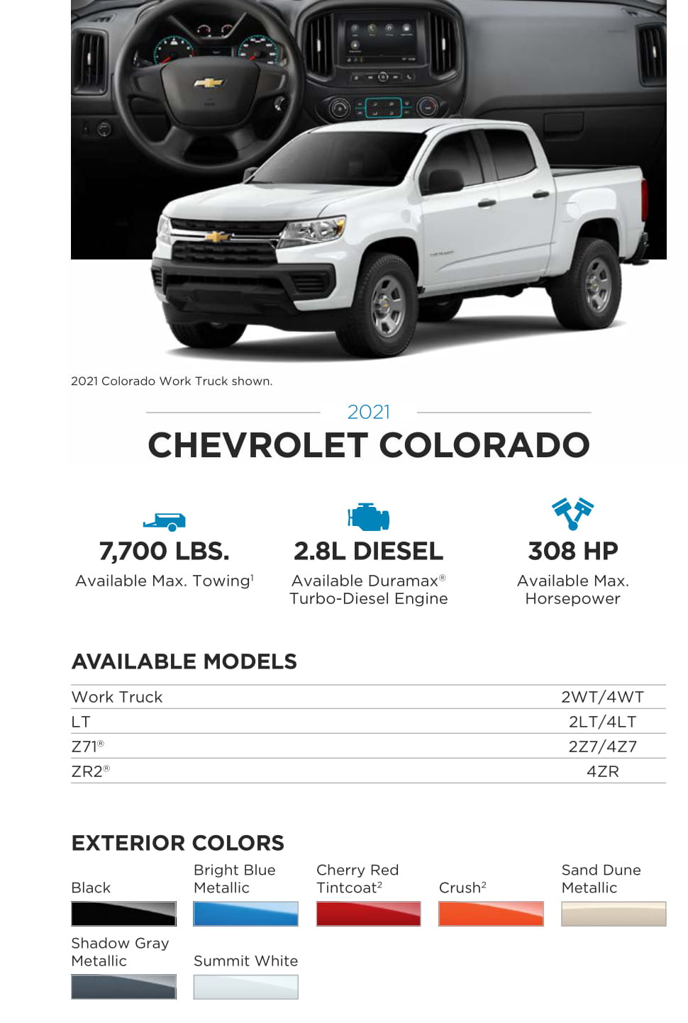 2021 Chevy Colorado Paint Chart Models and Paint Colors used for this Chevy Vehicle in 2021