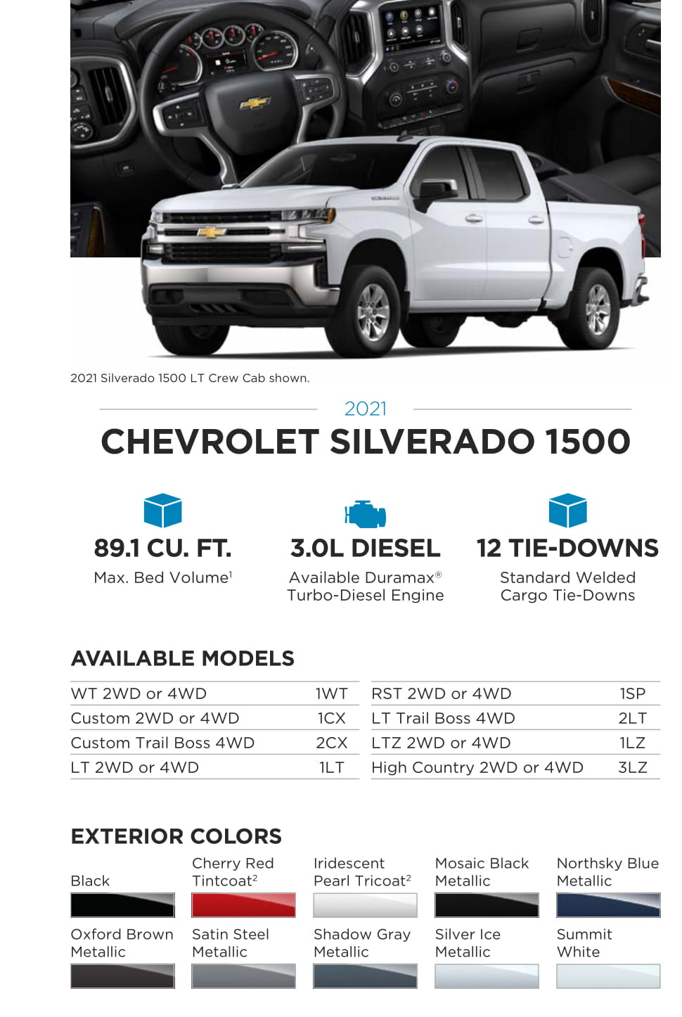 2021 Chevy Silverado 1500 Paint Chart Models and Paint Colors used for this Chevy Vehicle in 2021