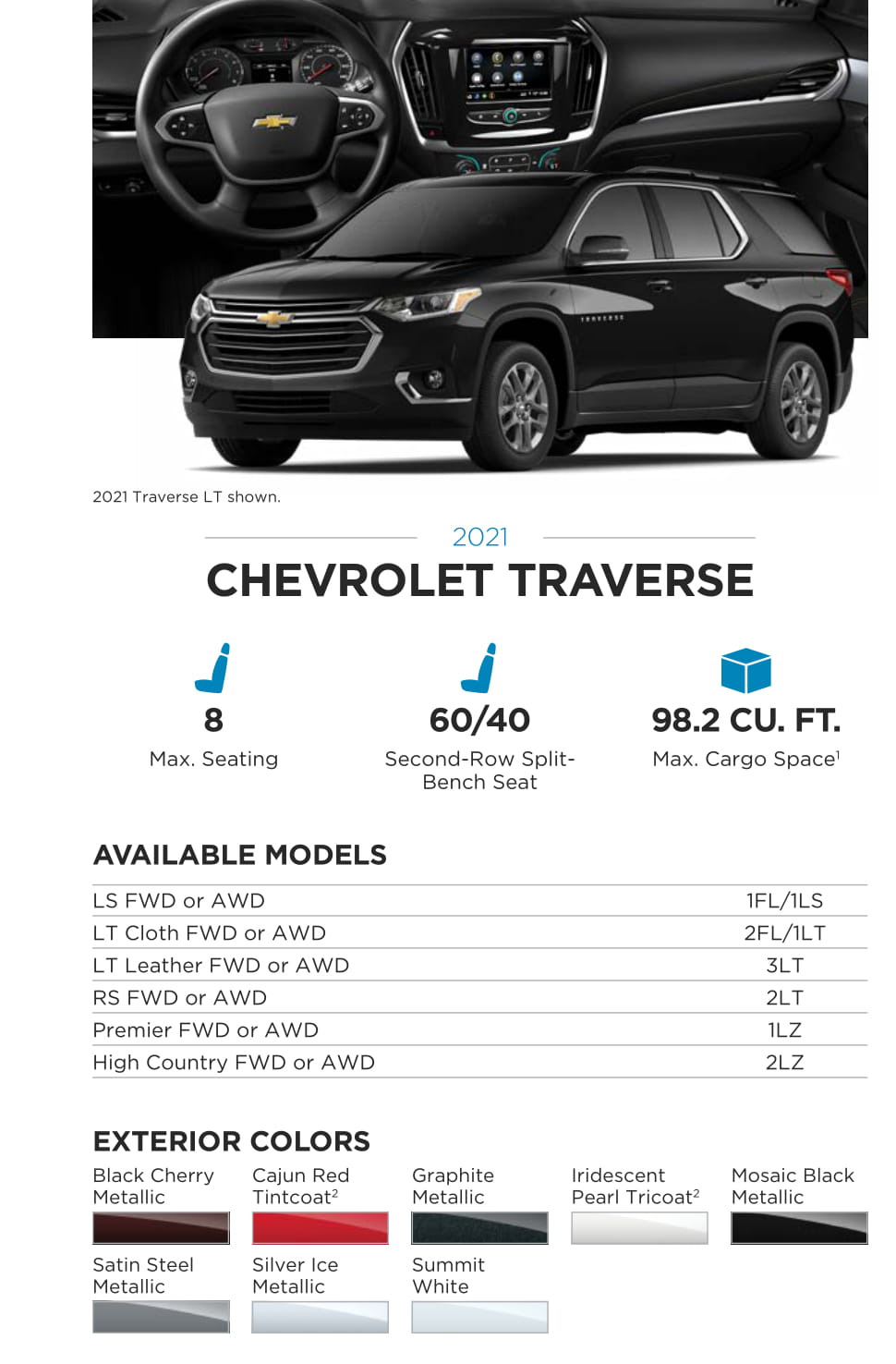 2021 Chevy Traverse Paint Chart Models and Paint Colors used for this Chevy Vehicle in 2021