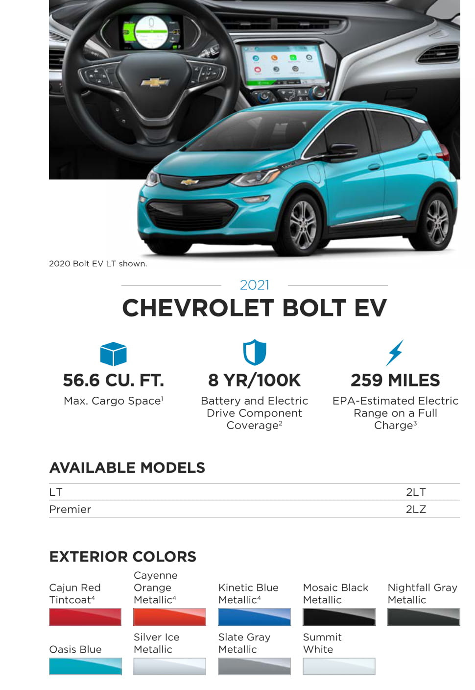 2021 Chevy Bolt EV Paint Chart Models and Paint Colors used for this Chevy Vehicle in 2021