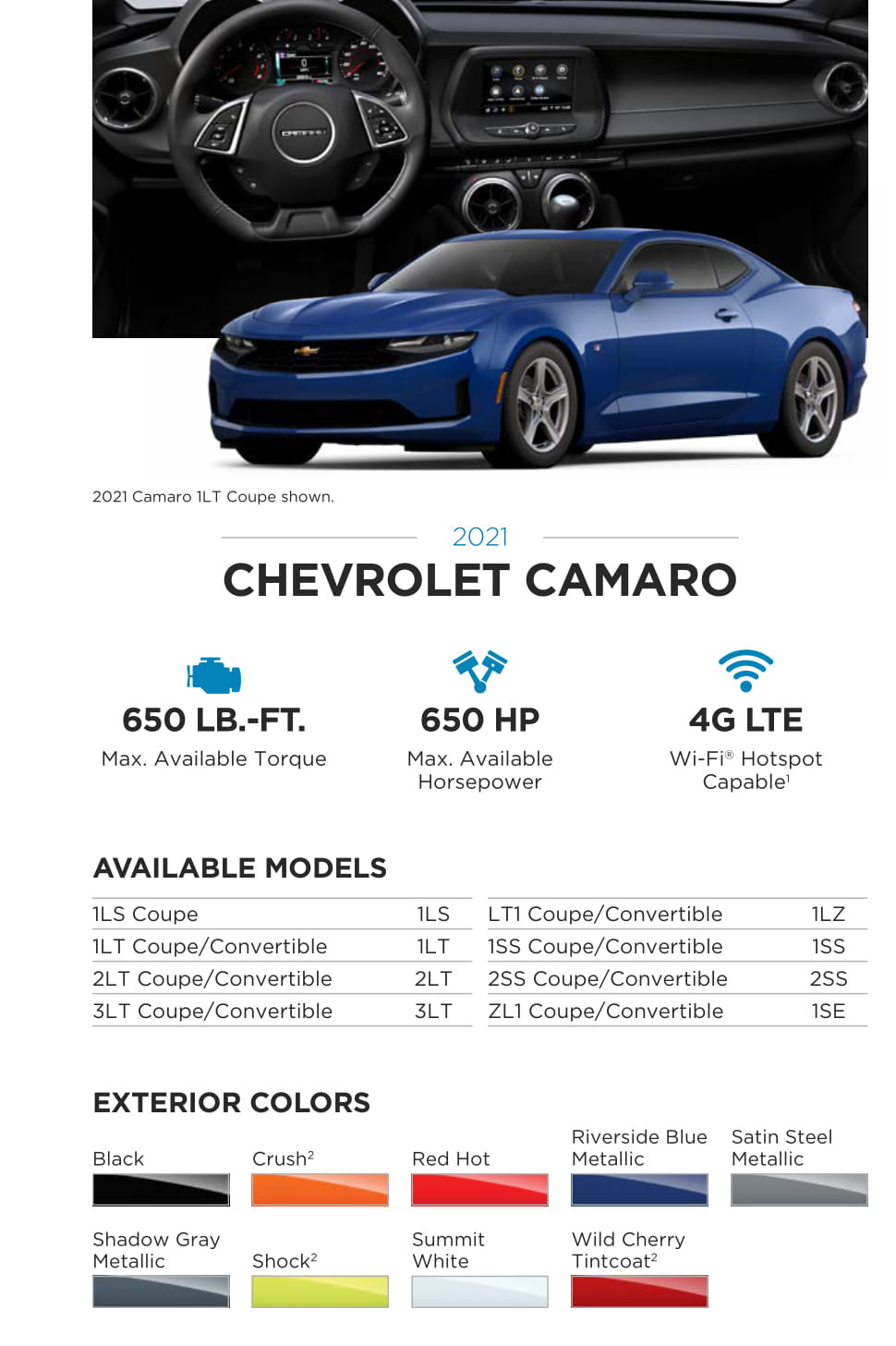 2021 Chevy Camaro Paint Chart Models and Paint Colors used for this Chevy Vehicle in 2021