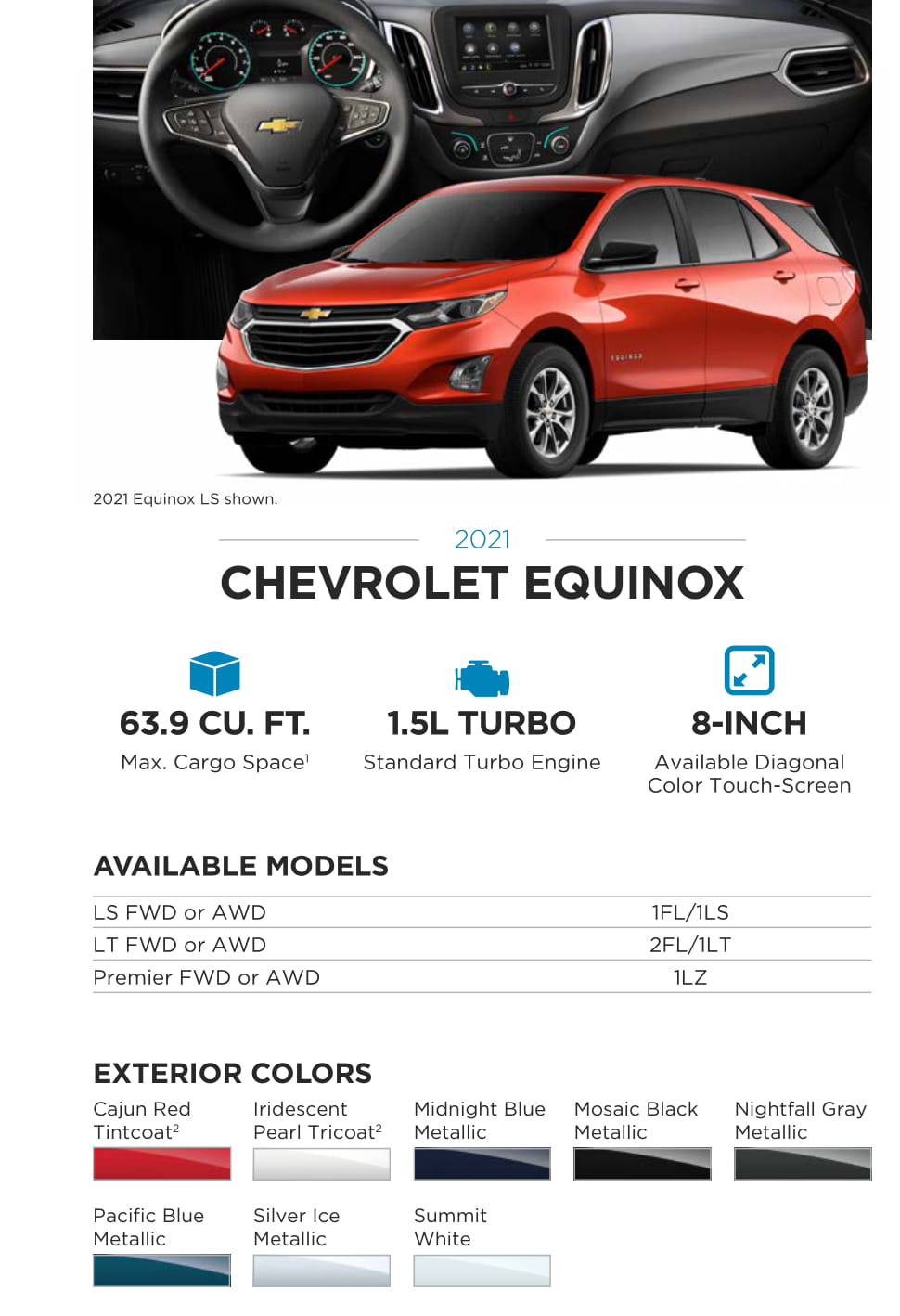 2021 Chevy Equinox Paint Chart Models and Paint Colors used for this Chevy Vehicle in 2021
