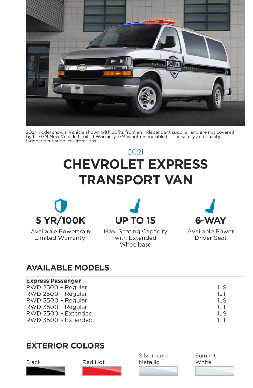 2021 Chevrolet Express Transport Van Paint Chart Exterior Paint Colors Used on the SSV GM Special Model Vehicles in 2021