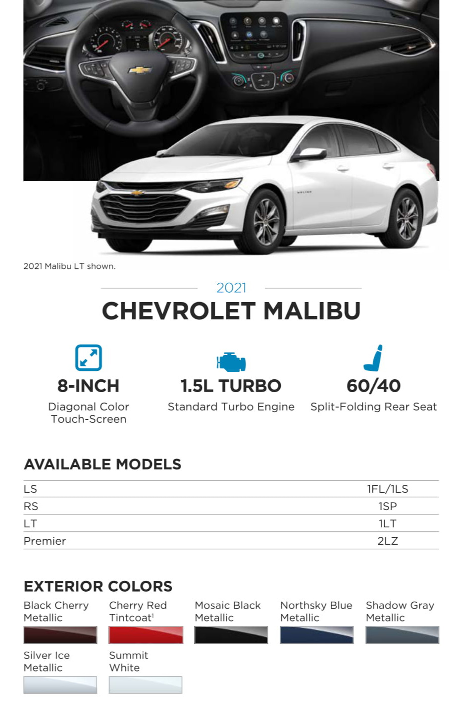 2021 Chevy Malibu Paint Chart Models and Paint Colors used for this Chevy Vehicle in 2021