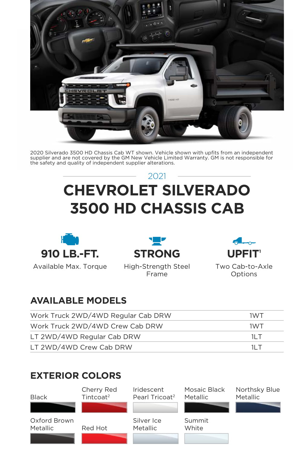 2021 Chevy Silverado 3500HD Chassis Cab Paint Chart Models and Paint Colors used for this Chevy Vehicle in 2021