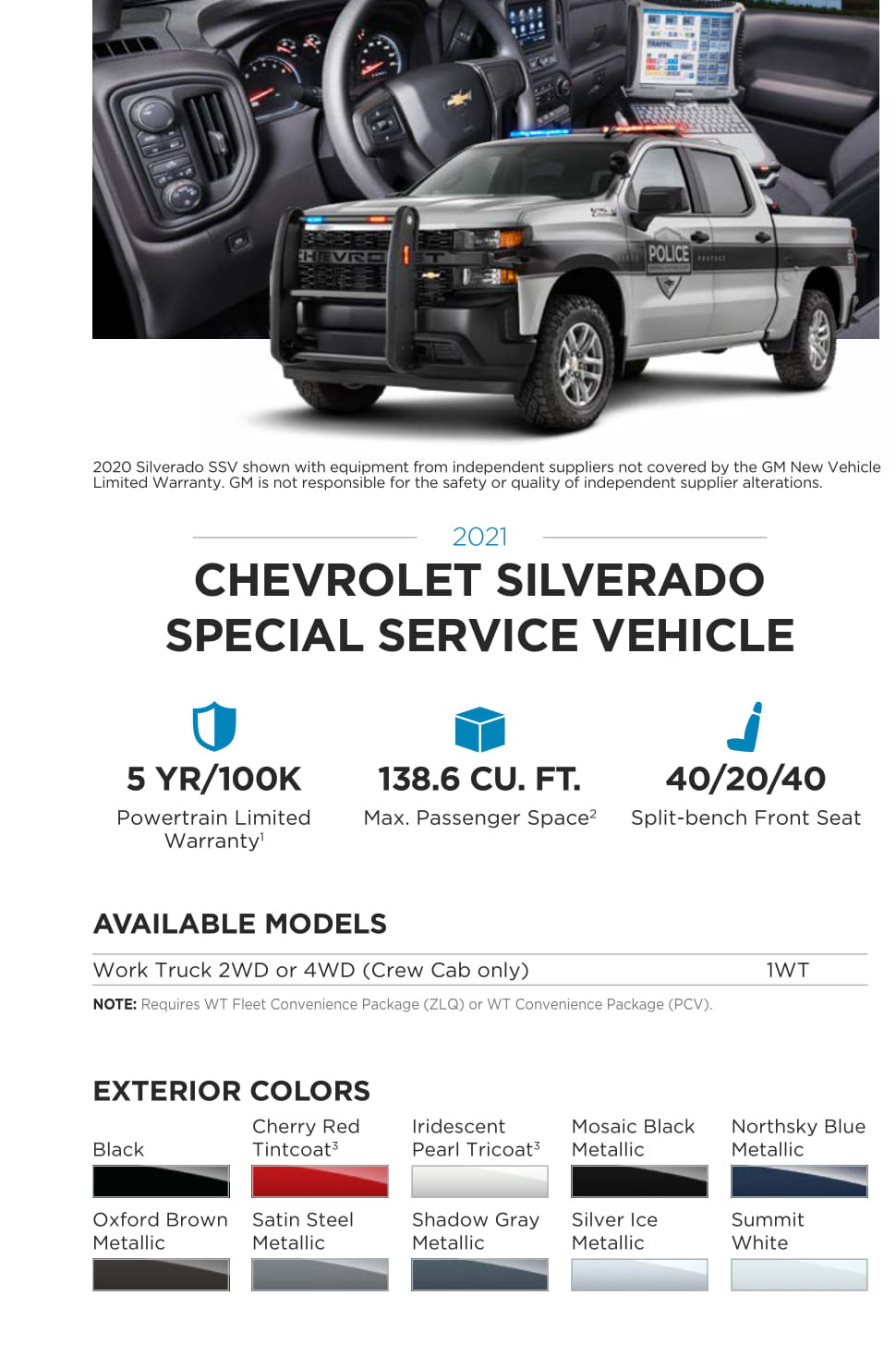 2021 Chevy Silverado Special Service Vehicle (SSV) Paint Chart Exterior Paint Colors Used on the SSV GM Special Model Vehicles in 2021