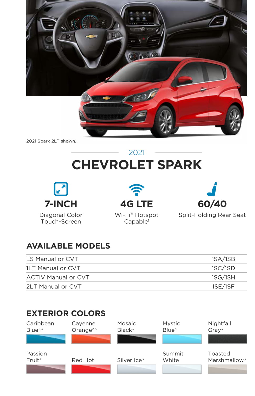 2021 Chevy Spark Paint Chart Models and Paint Colors used for this Chevy Vehicle in 2021