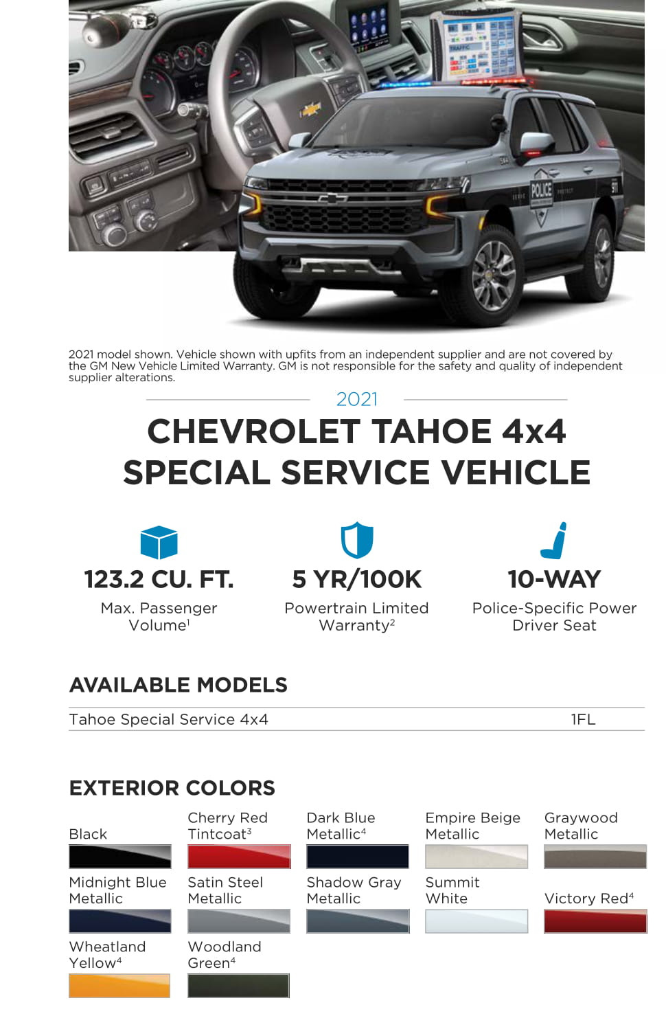 2021 Chevy Tahoe 4x4 Special Service Vehicle (SSV) Paint Chart Exterior Paint Colors Used on the SSV GM Special Model Vehicles in 2021