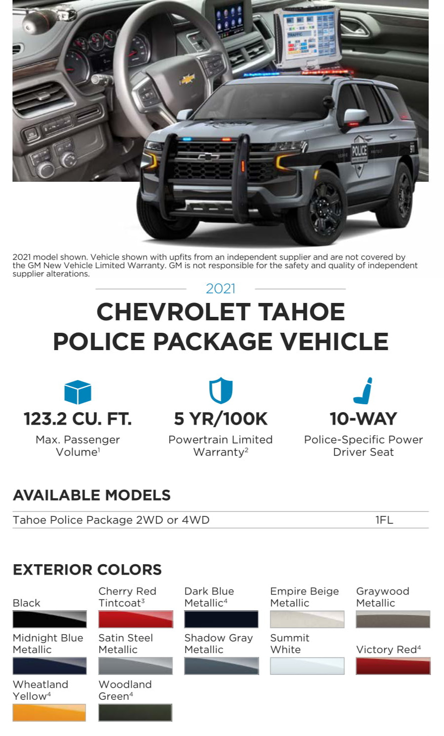 2021 Chevy Tahoe Police Package Vehicle Paint Chart Exterior Paint Colors Used on the SSV GM Special Model Vehicles in 2021