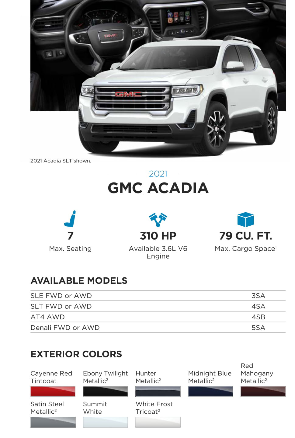 2021 GMC Acadia Paint Chart Models and Paint Colors used for this GMC Vehicle in 2021