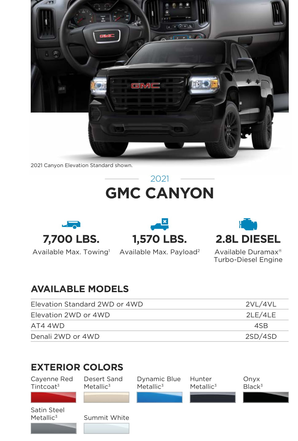 2021 GMC Canyon Paint Chart Models and Paint Colors used for this GMC Vehicle in 2021