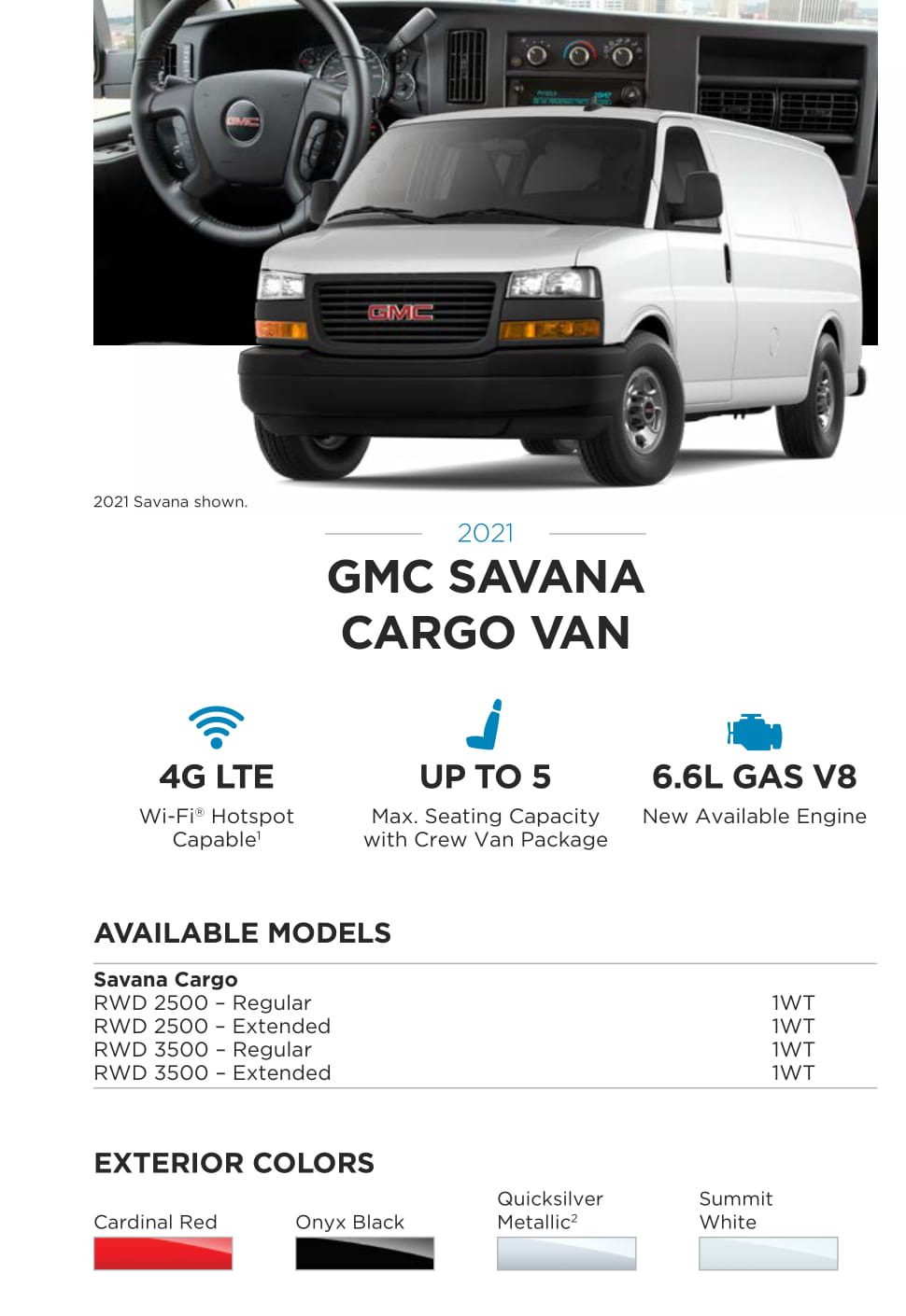 2021 GMC Savana Cargo Van Paint Chart Models and Paint Colors used for this GMC Vehicle in 2021