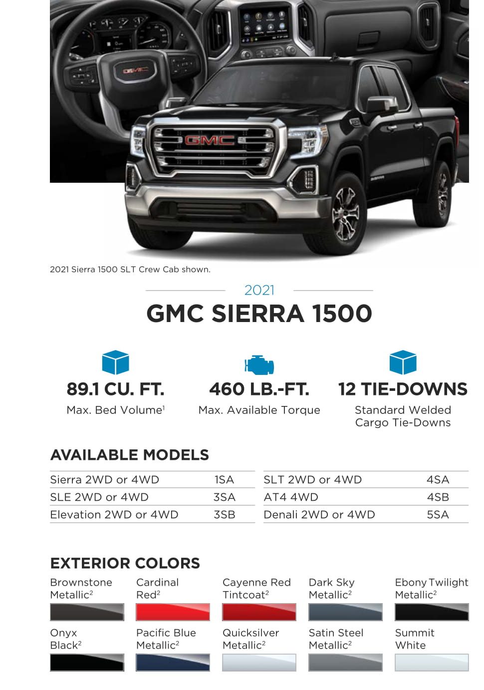 2021 GMC Sierra 1500 Paint Chart Models and Paint Colors used for this GMC Vehicle in 2021