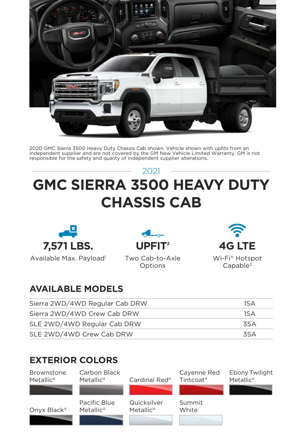 2021 GMC Sierra 3500HD Chassis Cab Paint Chart Models and Paint Colors used for this GMC Vehicle in 2021