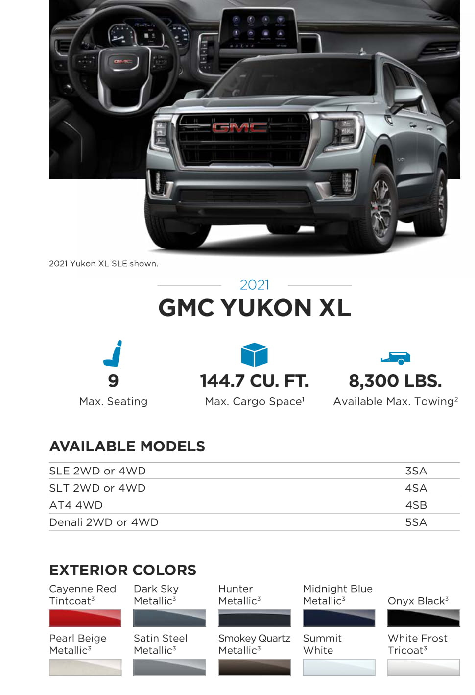 2021 GMC Yukon XL Paint Chart Models and Paint Colors used for this GMC Vehicle in 2021