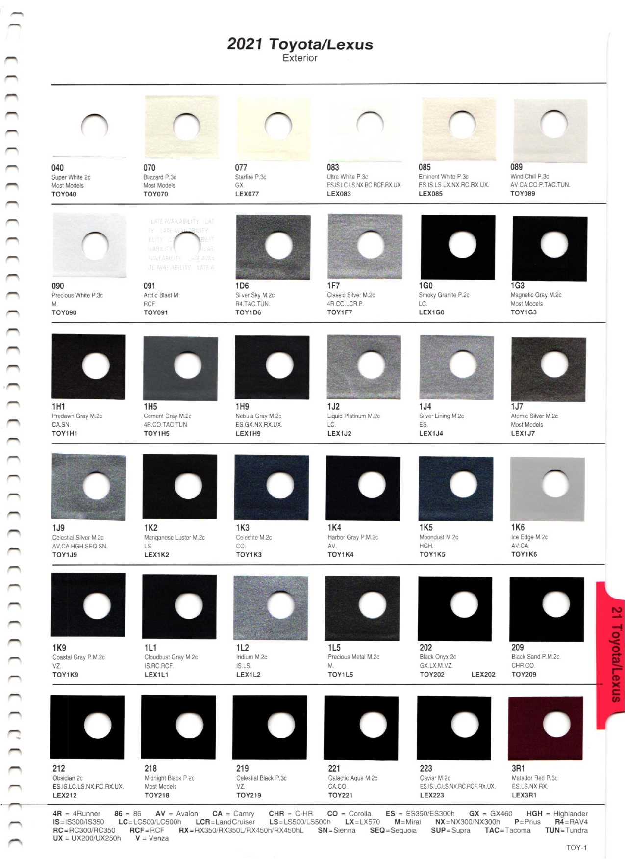 2021 Toyota Paint Codes and Color Charts Page 1