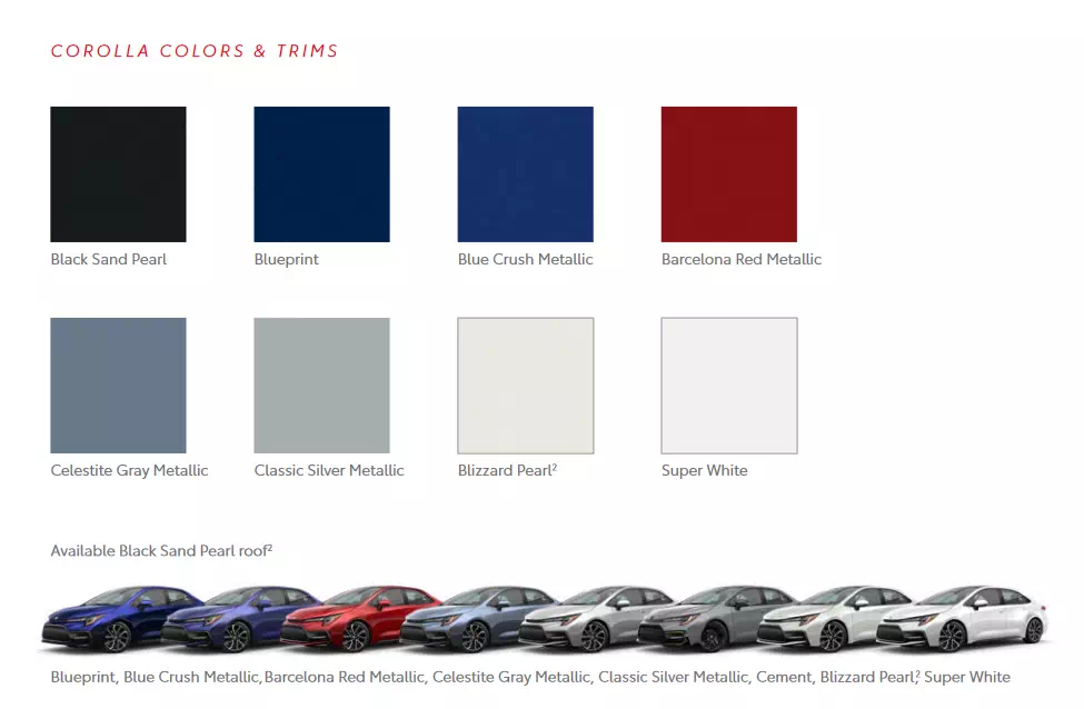 2021 Toyota Corolla Paint Chart a image that shows colors that the exterior Toyota vehicles came in
