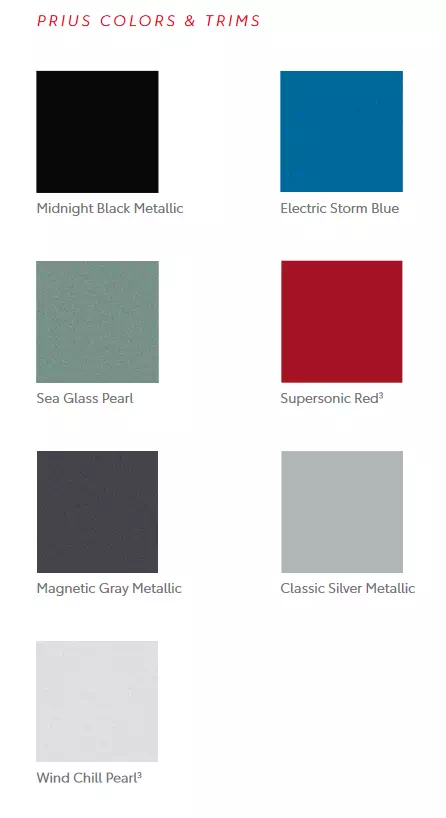 2021 Toyota Prius Paint Chart a image that shows colors that the exterior Toyota vehicles came in
