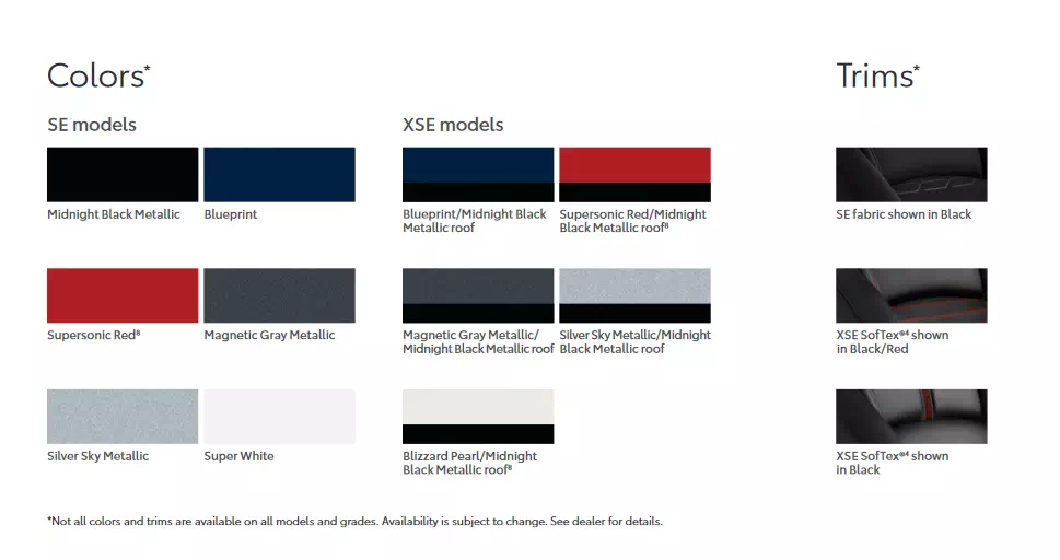 2021 Rav4 Se Paint Chart a image that shows colors that the exterior Toyota vehicles came in