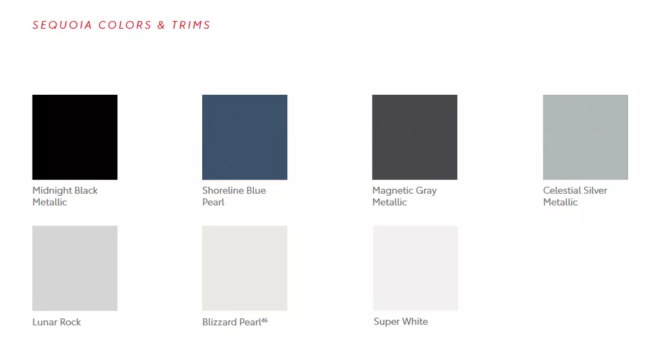 2021 Toyota Sequoia Paint Chart a image that shows colors that the exterior Toyota vehicles came in