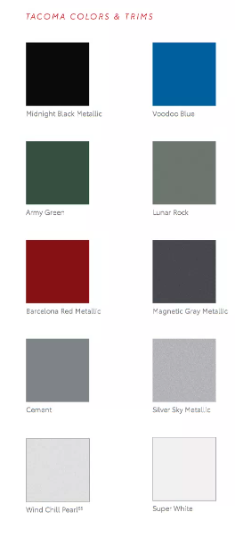 2021 Toyota Tacoma Paint Chart a image that shows colors that the exterior Toyota vehicles came in