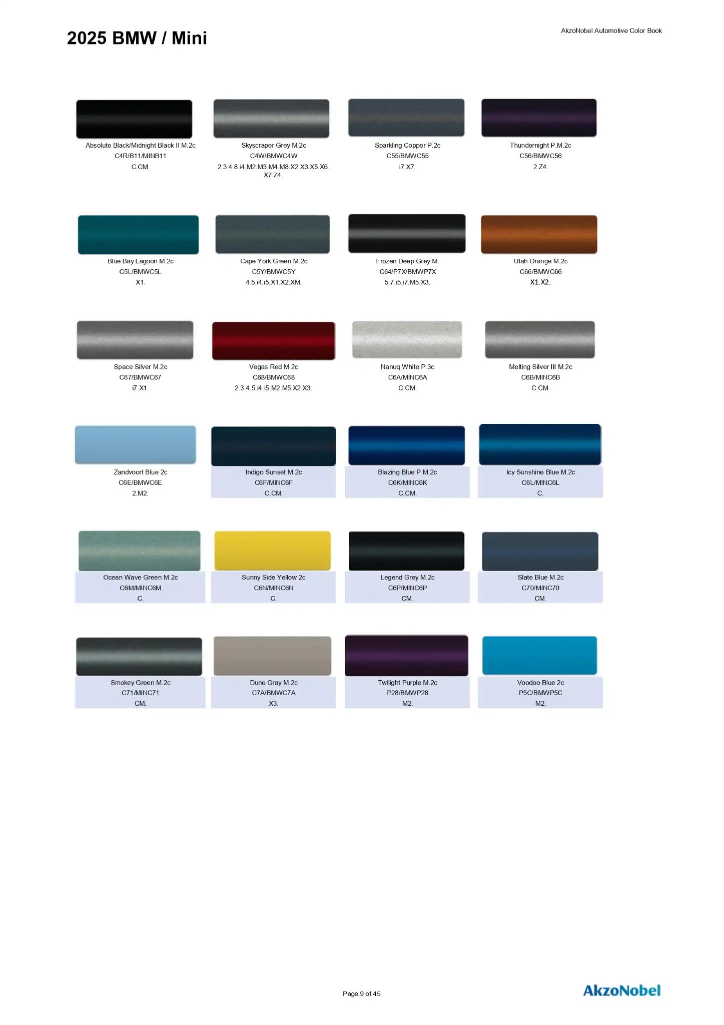 2025 BMW and Mini Paint Codes and Color Chart Page 2 Paint codes, and their ordering stock numbers for their color on 2025 vehicles