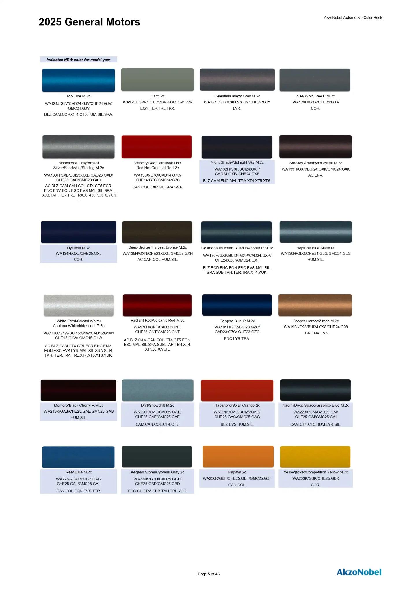2025 General Motors, Buick. Cadillac, Chevrolet, GMC Paint Codes and Color Chart Page 1 Paint codes, and their ordering stock numbers for their color on 2025 vehicles
