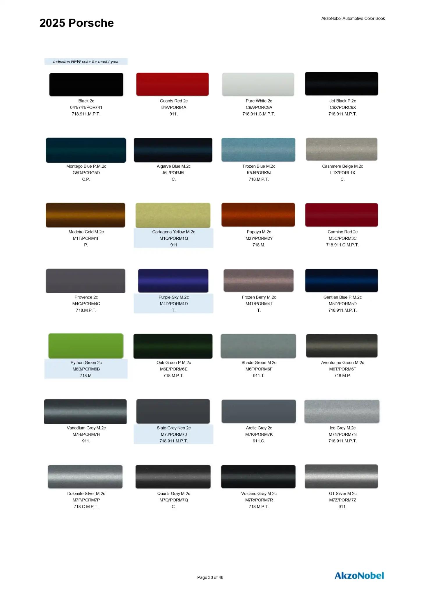 2025 Porsche Paint Codes and Color Chart Page 1 Paint codes, and their ordering stock numbers for their color on 2025 vehicles