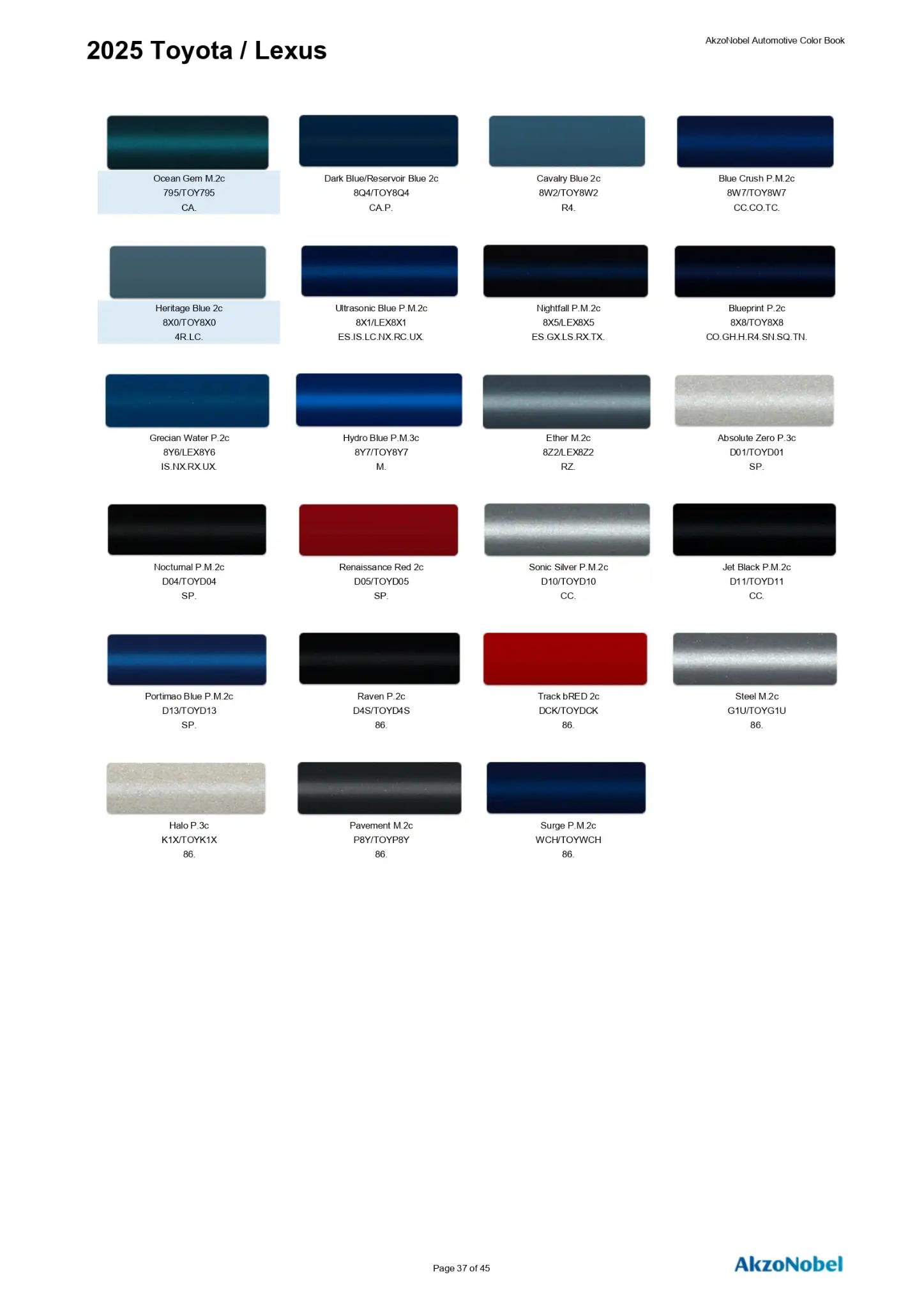 2025 Toyota / Lexus Paint Codes and Color Chart Page 3 Paint codes, and their ordering stock numbers for their color on 2025 vehicles