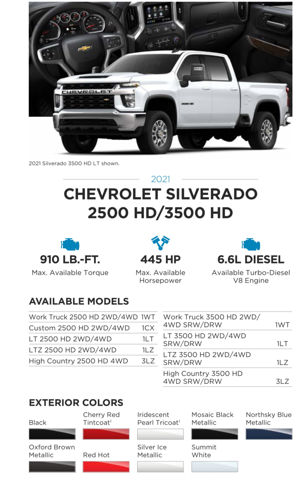 2021 Chevy Silverado 2500HD and 3500HD Paint Chart Models and Paint Colors used for this Chevy Vehicle in 2021