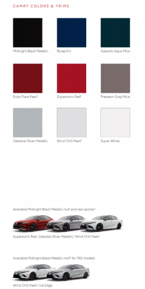 2021 Toyota Camry Paint Chart a image that shows colors that the exterior Toyota vehicles came in