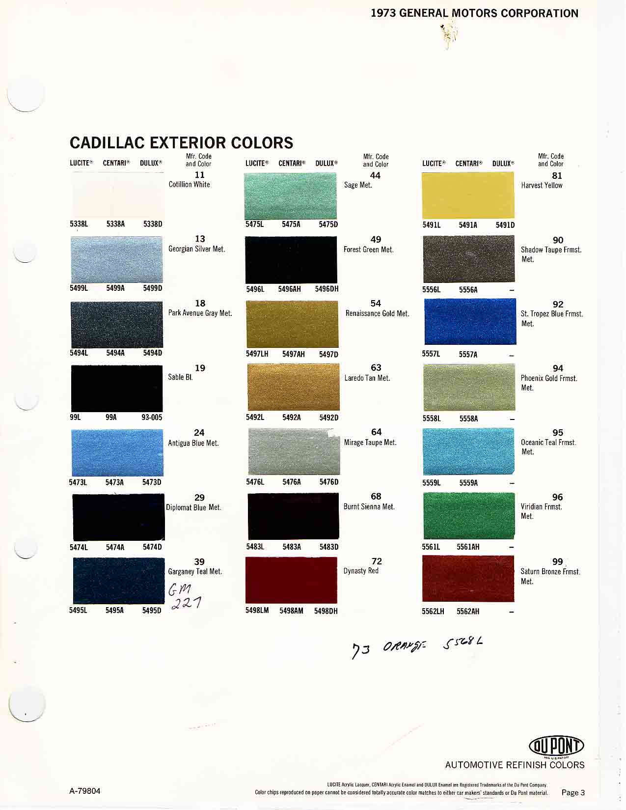 1973 Cadillac Paint Color Code Chart Cadillac Paint Paint Color Example Charts, Descriptions
