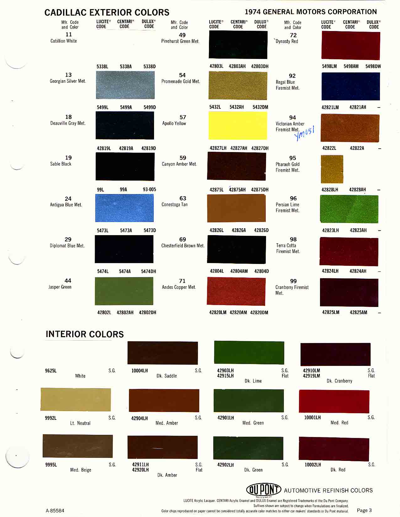 1974 Cadillac Paint Color Code Chart Cadillac Paint Paint Color Example Charts, Descriptions