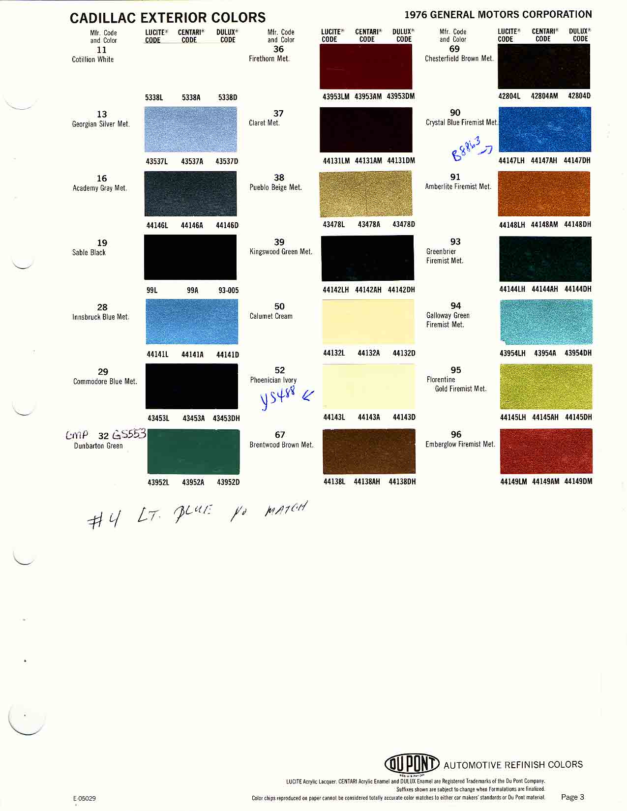 1976 Cadillac Paint Color Code Chart Cadillac Paint Paint Color Example Charts, Descriptions