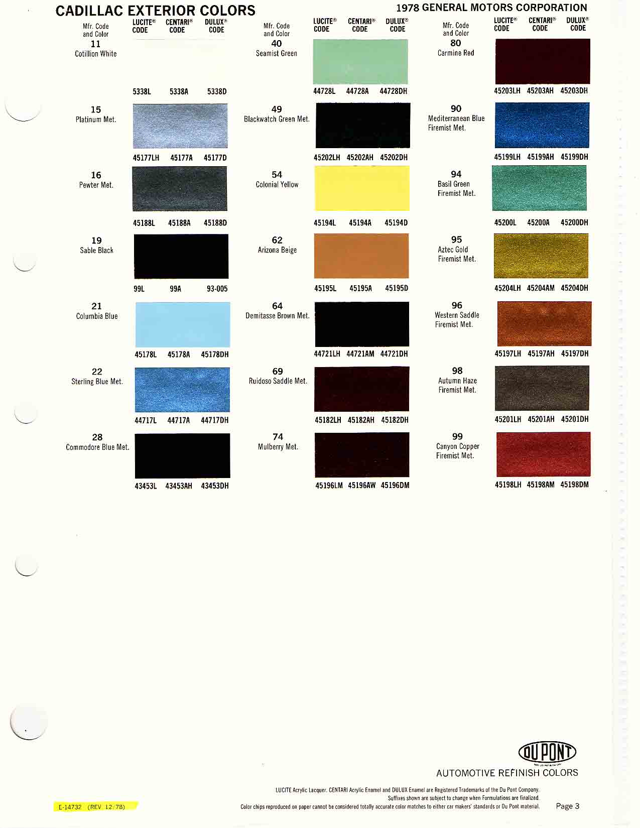 1978 Cadillac Paint Color Code Chart Cadillac Paint Paint Color Example Charts, Descriptions