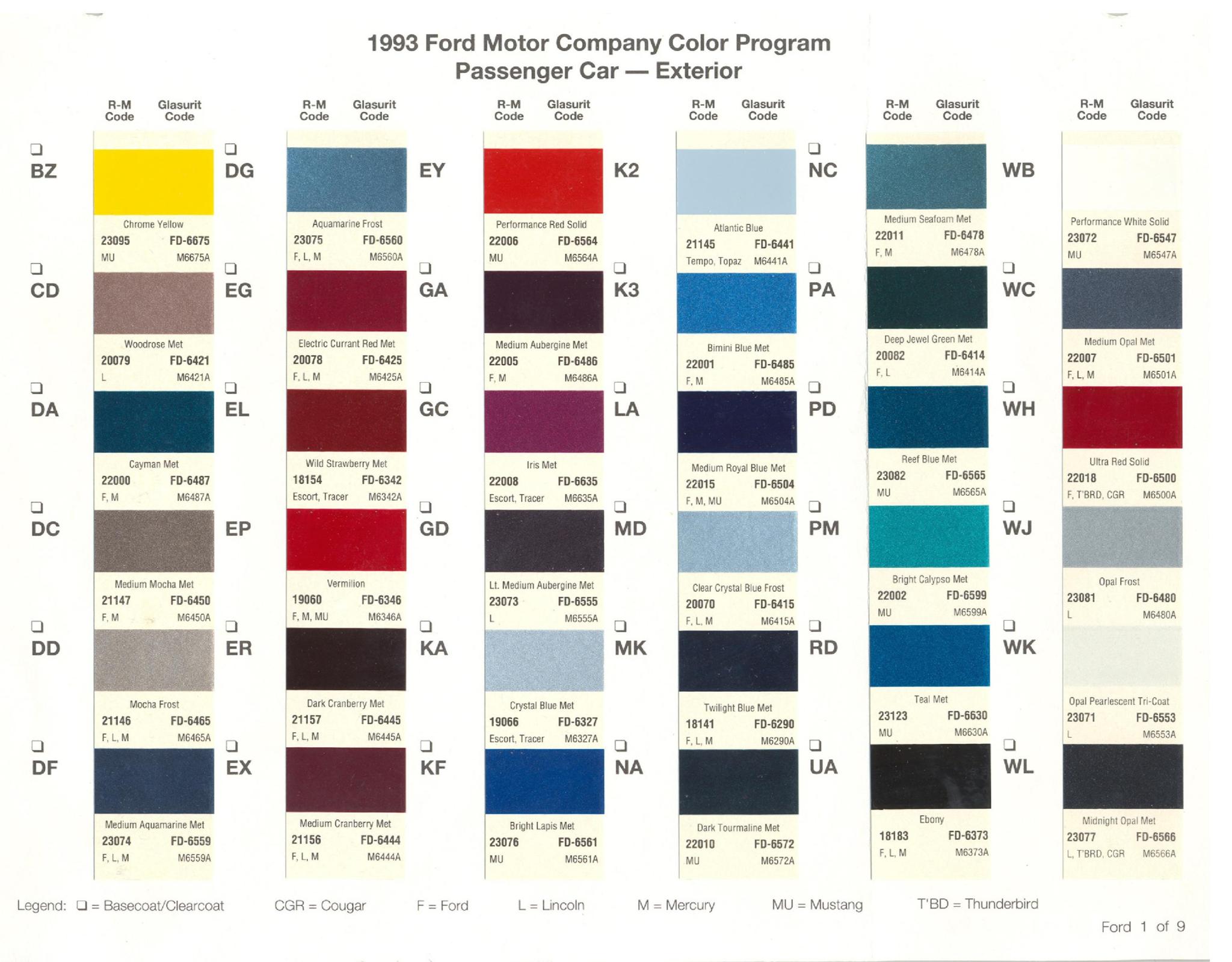 Ford paint colors 1993 Ford Motor Vehicle Color Code Chart/Page Paint
