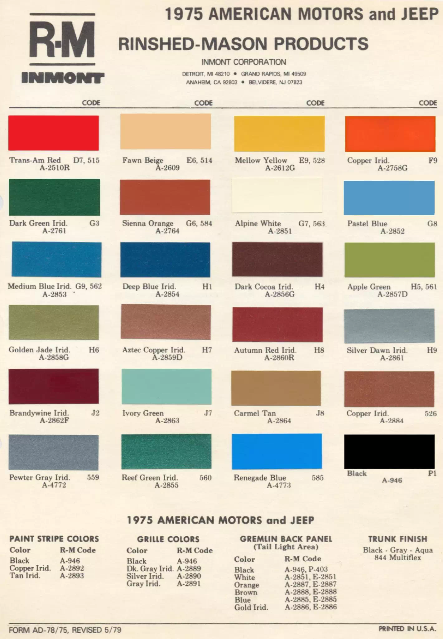 1975 Amc Paint Codes and Color Chart Paint Colors and Paint Codes Used on AMC Vehicles