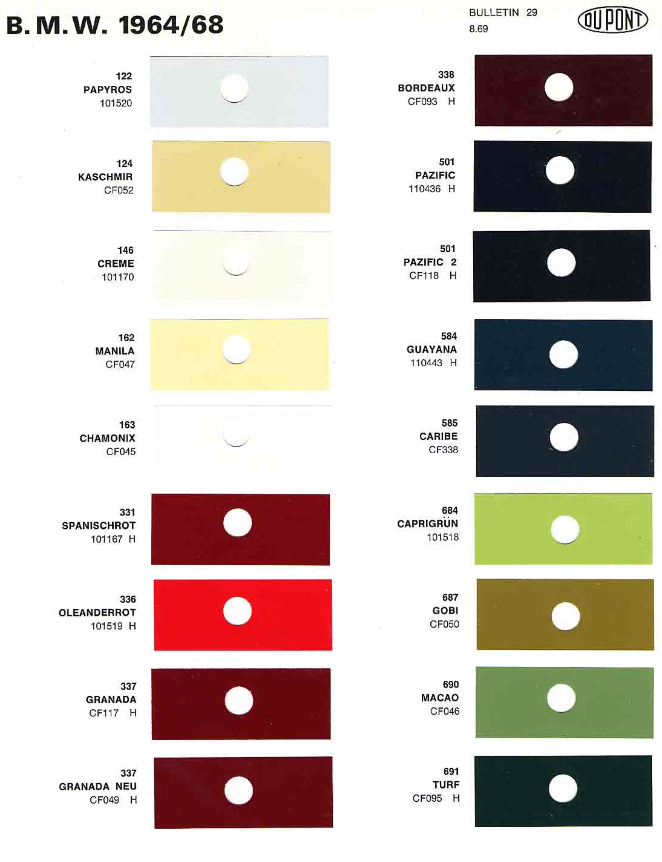 exterior paint colors and their ordering codes for the BMW models